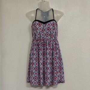 Vintage Style Geometric Boho Bustier Mini Dress with Crochet Detail and Pockets